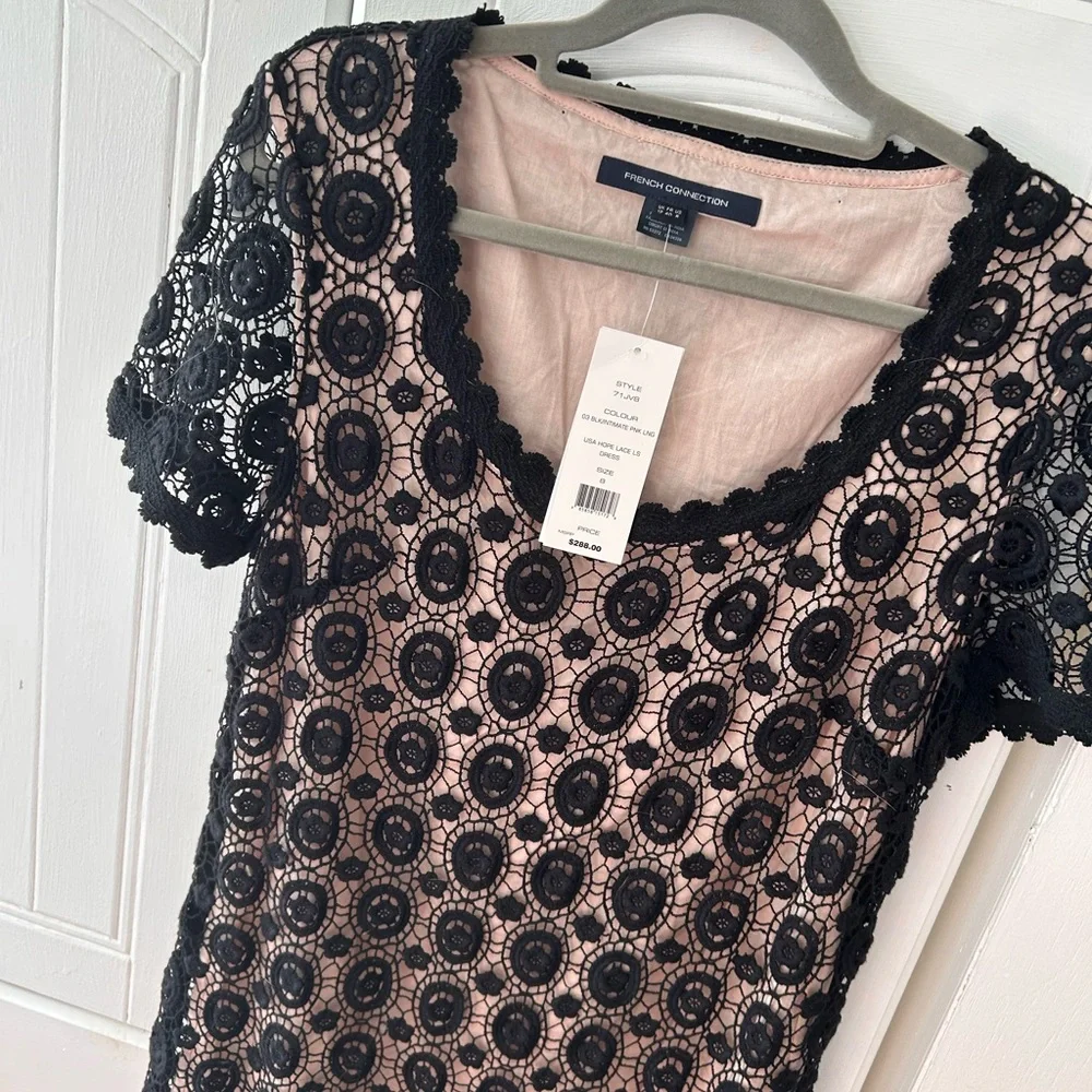 NWT FRENCH CONNECTION Black Lace Circle Pattern Mini Dress w/Full Pink Lining - Picture 2 of 12